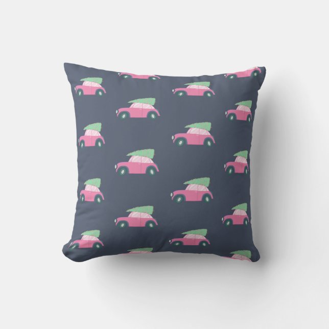 Cute Pink Car with Christmas Tree in Watercolor Cushion (Front)