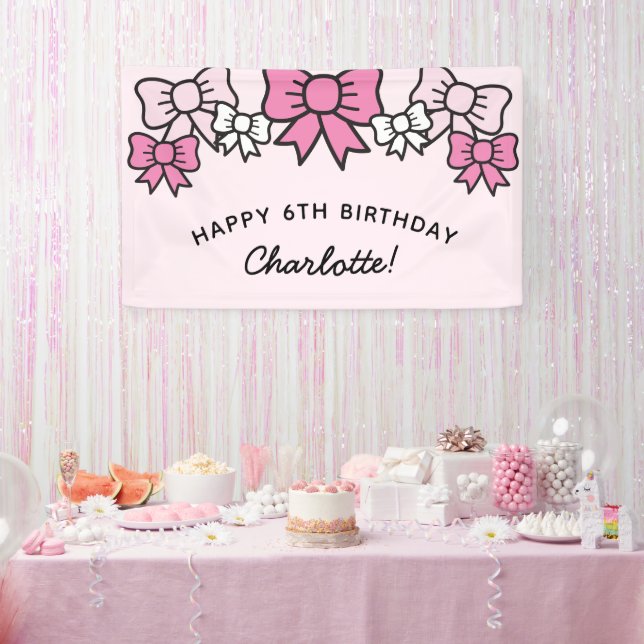 Cute Pink Cartoon Bows Birthday Party Banner (Party)