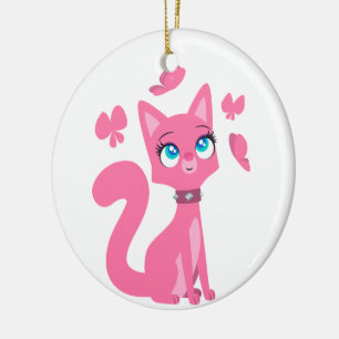Cute Pink Cartoon Cat and Butterflies Ceramic Tree Decoration