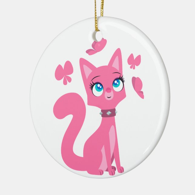 Cute Pink Cartoon Cat and Butterflies Ceramic Tree Decoration (Left)