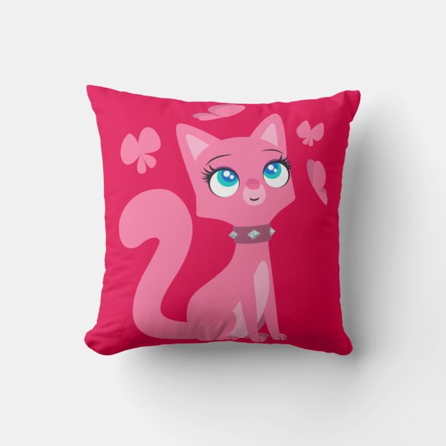 Cute Pink Cartoon Cat and Butterflies Cushion (Front)