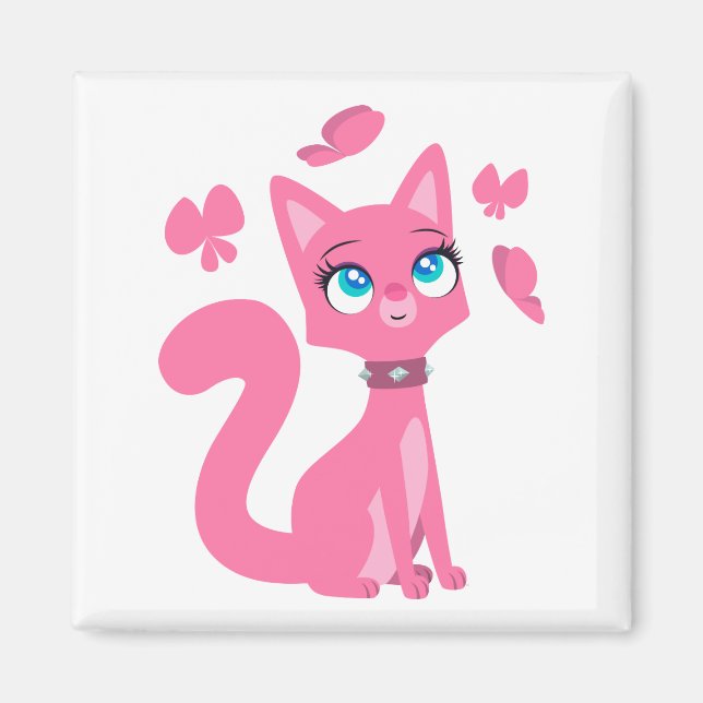 Cute Pink Cartoon Cat and Butterflies Magnet (Front)