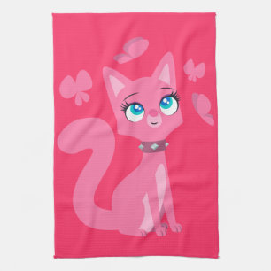 Cute Pink Cartoon Cat and Butterflies Tea Towel