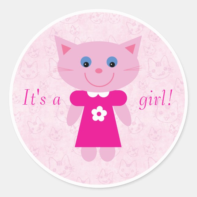 Cute Pink Cartoon Cat Its A Girl New Baby Classic Round Sticker (Front)