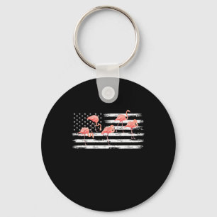 Cute Pink Cartoon Flamingo USA Flag 4th Of July Key Ring