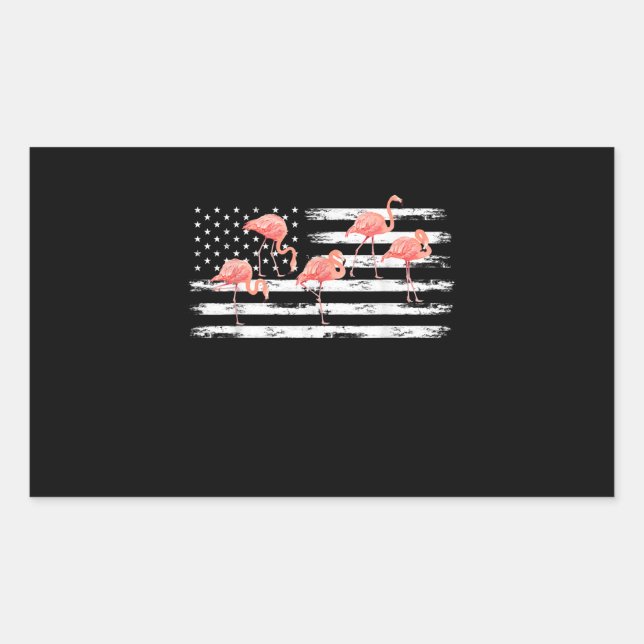Cute Pink Cartoon Flamingo USA Flag 4th Of July Rectangular Sticker (Front)