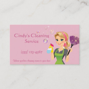 Cute Pink Cartoon Maid House Cleaning Services Business Card