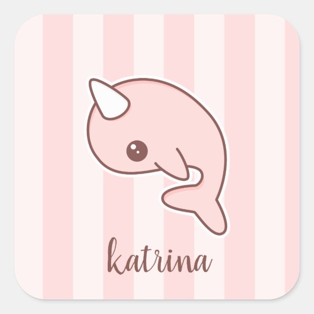 Cute Pink Cartoon Narwhal With stripes Square Sticker (Front)