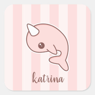 Cute Pink Cartoon Narwhal With stripes Square Sticker