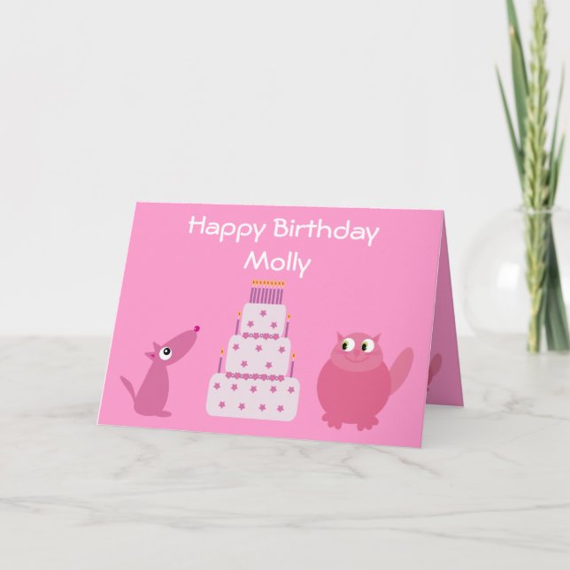 Cute Pink Cartoon Pets & Birthday Cake Card (Front)