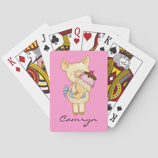 Cute Pink Cartoon Pink Ice Cream Cone Monogram Playing Cards (Back)