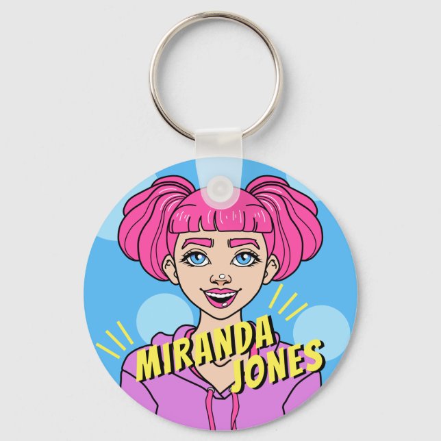 Cute Pink Cartoon Teen Girl Portrait Name Key Ring (Front)