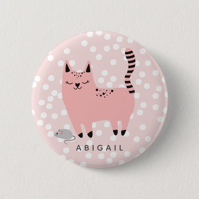 Cute Pink Cat and Polkadots - Personalised Girls  6 Cm Round Badge (Front)