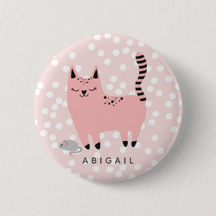 Cute Pink Cat and Polkadots - Personalised Girls  6 Cm Round Badge