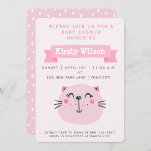 Cute Pink Cat   Baby Shower Invitation