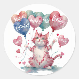 Cute Pink Cat Birthday Cake - Birthday Classic Round Sticker