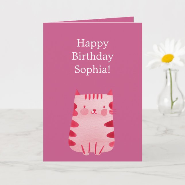 Cute Pink Cat Birthday Card (Small Plant)