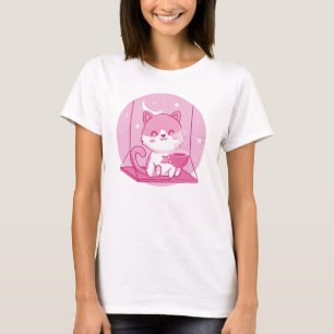 Cute Pink Cat Coffee, Kitten Swing Caffeine Drink T-Shirt