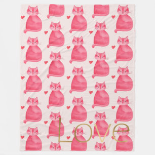 Cute Pink Cat Heart Gold Love Fleece Blanket