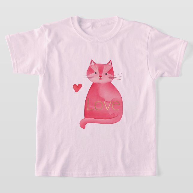 Cute Pink Cat Heart Gold Love T-Shirt (Laydown)