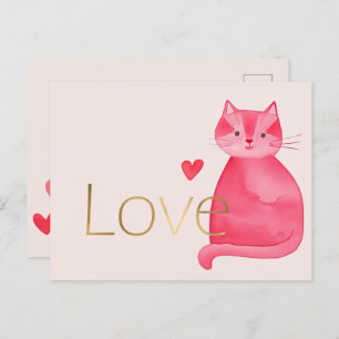 Cute Pink Cat Hearts Gold Love Postcard