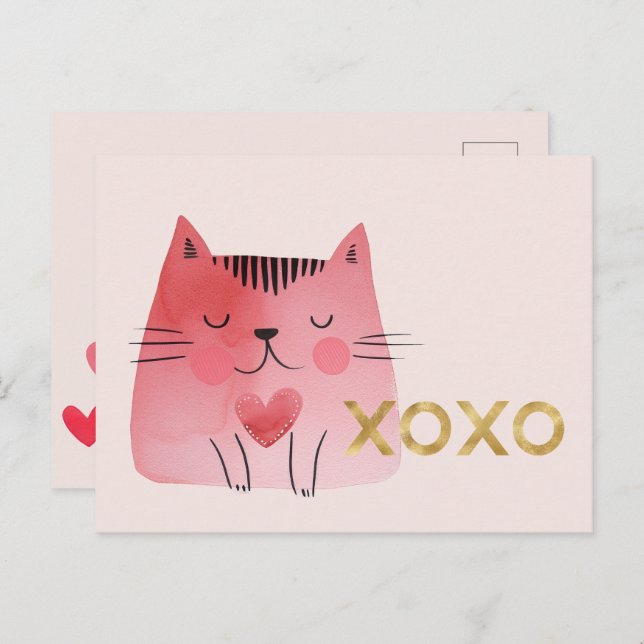 Cute Pink Cat Hearts Gold XOXO Postcard (Front/Back)