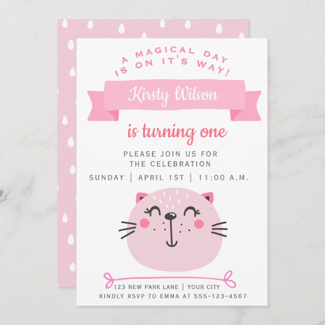 Cute Pink Cat | Kids Birthday Invitation (Front/Back)