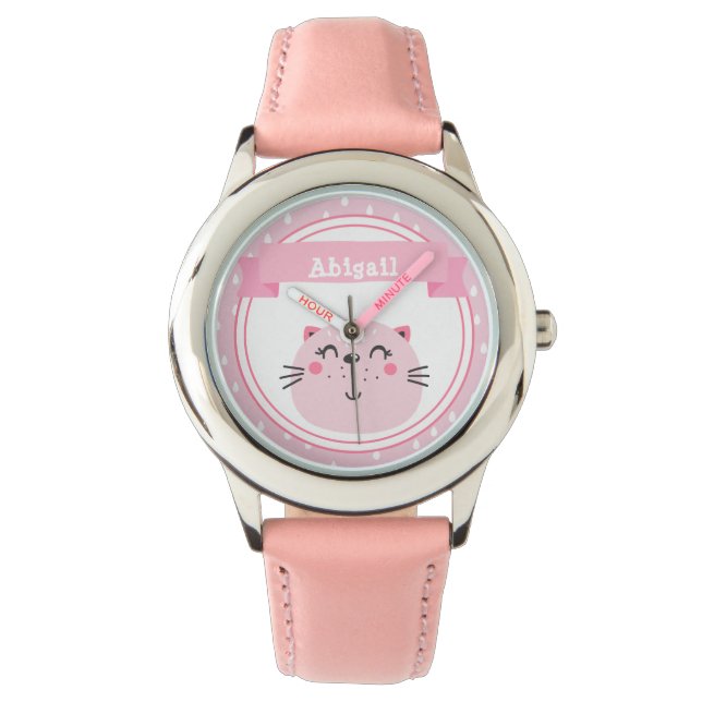 Cute Pink Cat  - Personalised Kids Watch (Front)
