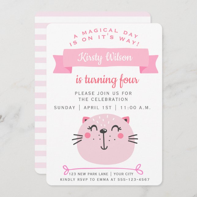 Cute Pink Cat & Pink Stripes - Kids Birthday Invitation (Front/Back)