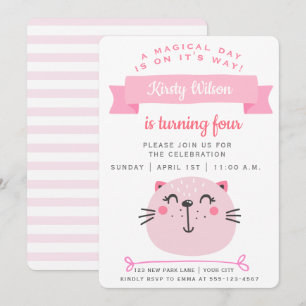 Cute Pink Cat & Pink Stripes - Kids Birthday Invitation