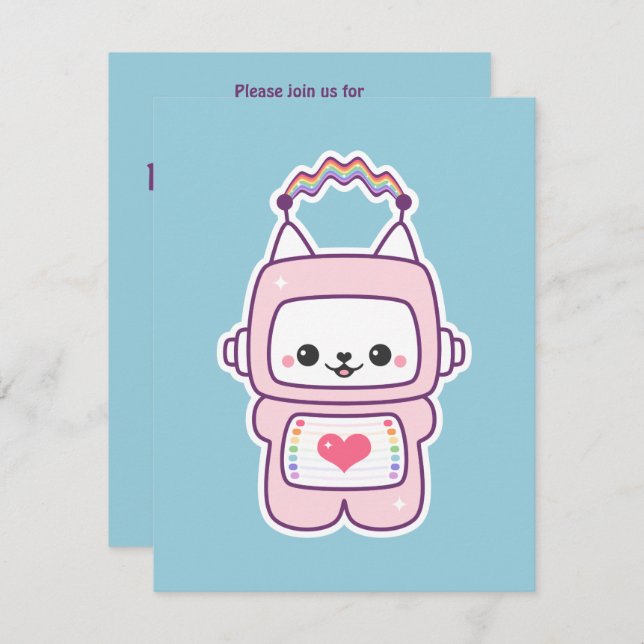 Cute Pink Cat Robot Birthday Party Invitations (Front/Back)