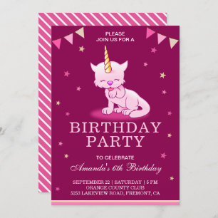 Cute Pink Cat Unicorn Birthday Party Invitation