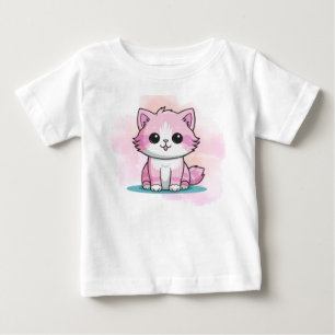 Cute Pink Cat Watercolour Cartoon Kitten Animal Baby T-Shirt