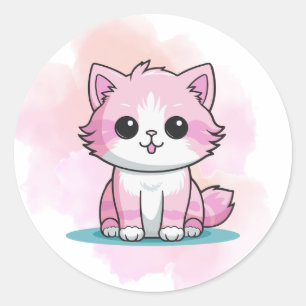 Cute Pink Cat Watercolour Cartoon Kitten Animal  Classic Round Sticker
