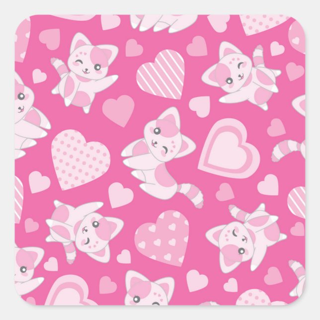 Cute Pink Cats And Hearts Square Sticker (Front)