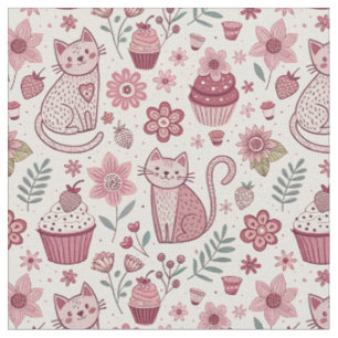 Cute Pink Cats, Cupcakes & Flowers Kitty Pattern Fabric
