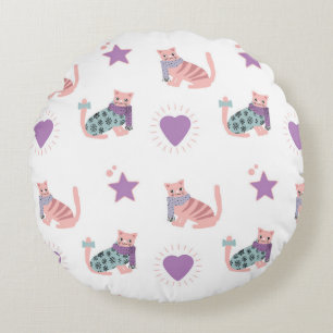 Cute pink cats with hearts and stars pattern round cushion
