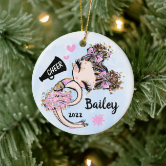 Cute Pink Cheerleader Ornament Brunette Brown Hair