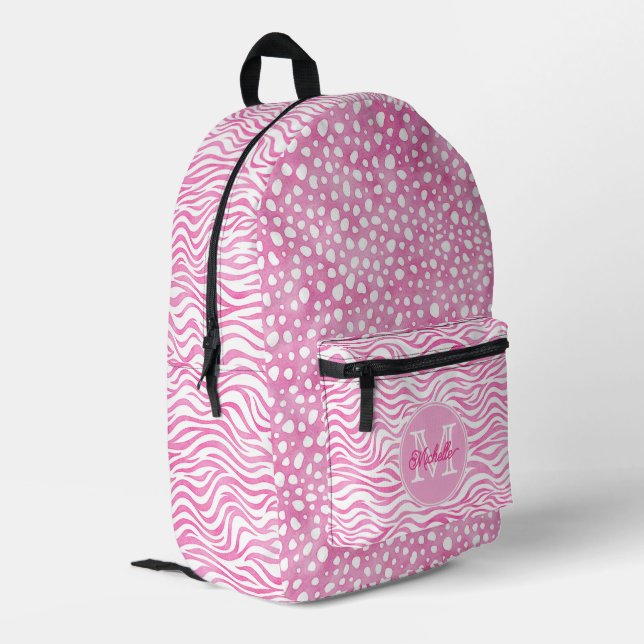 Cute Pink Cheetah & Zebra Pattern | Monogrammed Printed Backpack (Back Corner Left)