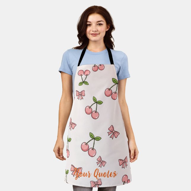 Cute Pink Cherries & Bows Seamless Pattern Apron (Worn)