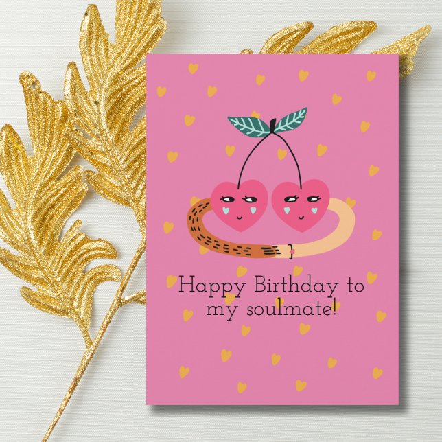 Cute Pink Cherries & Heart Photo,Romantic Birthday Card (Creator Uploaded)