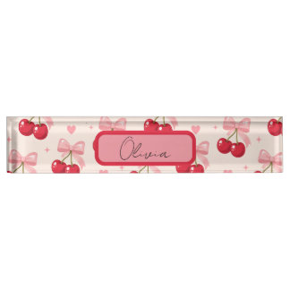 Cute Pink Cherry Bow Coquette Back to School 2027 Nameplate