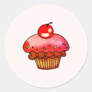Cute Pink Cherry Cupcake Illustration Dessert Art Classic Round Sticker