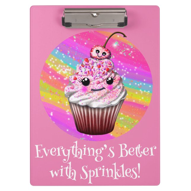 Cute Pink Cherry Cupcake with Sprinkles Clipboard (Front)