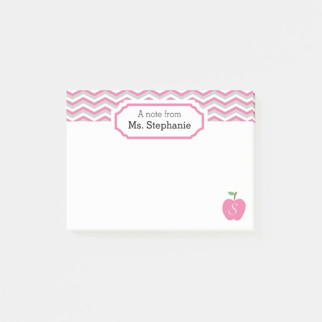 Cute Pink Chevron Apple Monogrammed Teacher Note (Front)