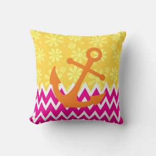 Cute Pink Chevrons With Girly Orange Anchor Cushion