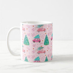 Cute Pink Christmas Car Tree Seamless Pattern Coffee Mug