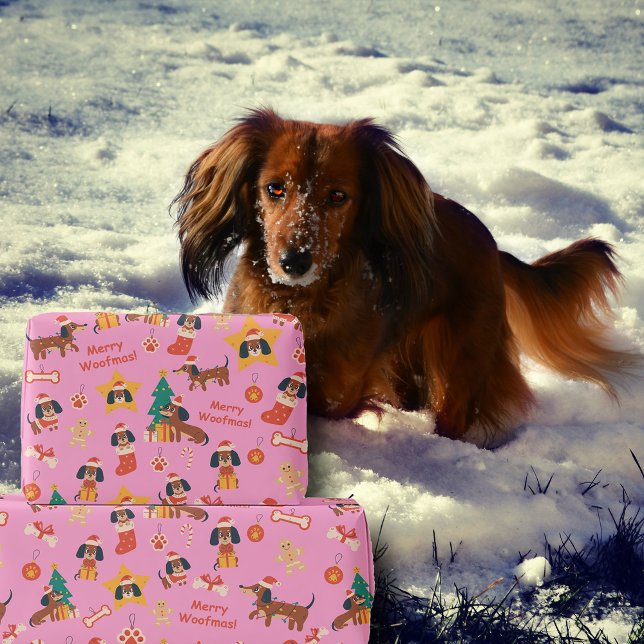 Cute Pink Christmas Dachshund Merry Woofmas Wrapping Paper (Cute festive Dachshund wrapping paper in pink, perfect for Dachshund dog lovers and the pups too!)