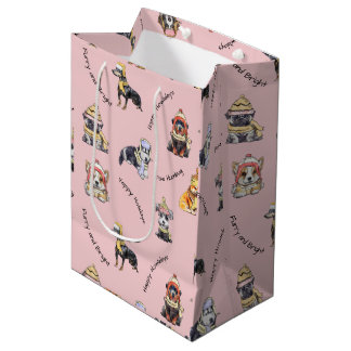Cute Pink Christmas Dogs Pattern Illustrated Medium Gift Bag