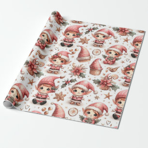 Cute Pink Christmas Elves Wrapping Paper